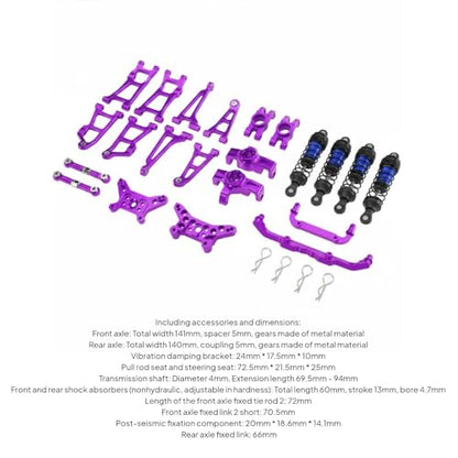 Set RC Car Kit Chassis Upgrade Steering Cups Swing Arms Aluminum 6061 CNC Machined Adjustable Tie Rods Semi Metal Shocks Suitable for 1/14 14211, Purple - color: Purple