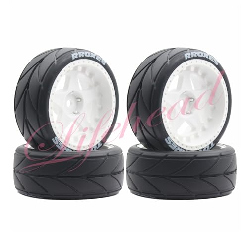 Lifehead 65mm On Road Rubber Tires& Wheels Rims 12mm Hex Hub for HPI Ken Block's Tamiya XV01 TT01 TT02B Kyosho FAZER MK2 Lc Racing PTG HSP RGT RC 3RACING D5 1/10 RC Rally Car - color: White 3