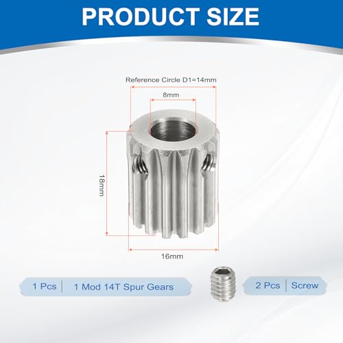 uxcell 1 Mod 14T Spur Gear 8mm Bore, 304 Stainless Steel Pinion Gear, 20°Pressure Angle, for Spur Rack and RC Model Car or Motor DIY - size: 1 Mod 14T, 8mm