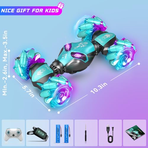AEROQUEST Blue Gesture Control RC Stunt Car 360° Twists Gift for Kids 6+ | Double-Sided Driving USB Rechargeable Bright LED Effects All-Terrain Performance 2.4GHz Control Durable Twist Design - color: Blue