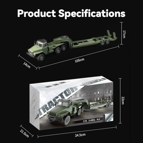 1/16 WPL RC Military Trailer, 2.4G 6WD 41.3 Inch Full-Proportional RC Transport Semi Trailer Tractor Truck Engineering Vehicle Models Toys