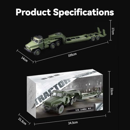1/16 WPL RC Military Trailer, 2.4G 6WD 41.3 Inch Full-Proportional RC Transport Semi Trailer Tractor Truck Engineering Vehicle Models Toys