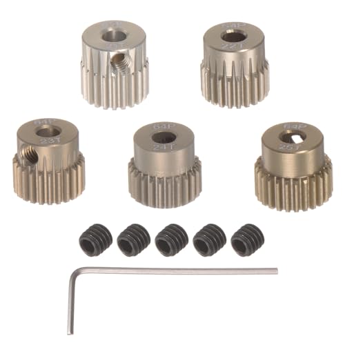 uxcell 64P Pinion Gear Set 3.175mm (1/8") Shaft 21T 22T 23T 24T 25T Aluminum Alloy Motor Gears for 1/10 RC Car (5pcs)