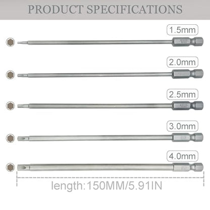 5Packs RC Hex Bit 6 Inch Power Bits 1.5mm 2.0mm 2.5mm 3.0mm 4mm Allen Wrench Drill Bit Set Professional Grade ¼ Inch Hex Shank for Screwdrivers Electric Screwgun/Power Drill
