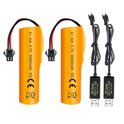 2PCS 3.7V 3000mAh SM-2P Plug Li ion Battery and USB Charging Cable Suitable for DE42 DE44 DE45 DE68 RC Car, Drifting Car, Truck, Off-Road Racing Car