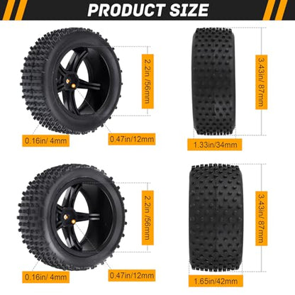 RC Buggy Wheels and Tires 12mm Hex for 1/10 Traxxas Bandit Losi Tenacity DB Pro Kyosho Yokomo 2S 3S Brushless Lipo Power RC Off Road Car(Non-Glued)