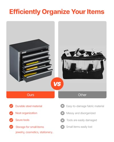 VEVOR Metal Tool Box, 8.6-inch, Portable Metal Tool Box with 5 Drawers, Small Tool Chest with EVA Liners and PP Feet Pads, Heavy-Duty Steel With Ball Bearing Opening and Powder Coated Finish, Black - size: 5 Drawers-Black