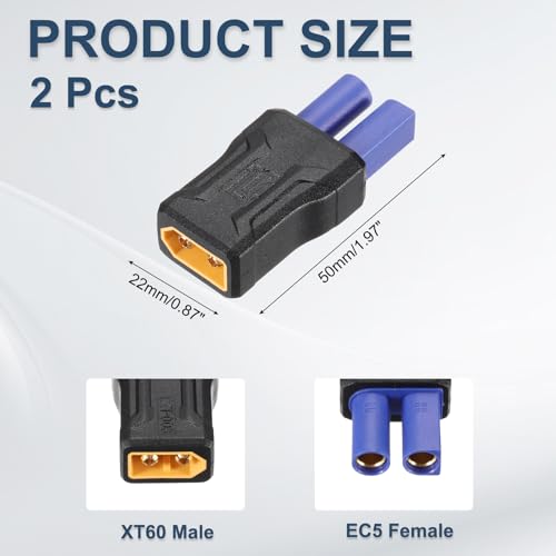 MECCANIXITY 2 Pack XT60 Adapter, XT60 Male to EC5 Female Wireless Adapter, XT60 Connectors Wireless for RC Lipo Batteries, Car, Airplane, Models - style: XT60 Male to EC5 Female