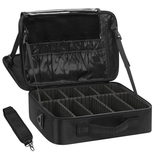 Relavel Makeup Case Large Makeup Bag Professional Train Case 14 inches Travel Cosmetic Organizer Brush Holder Waterproof Makeup Artist Storage Box, 2 Layer Large Capacity, with Adjustable Strap - color: Black M/L, size: Medium