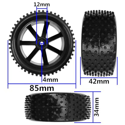 RC OD 85mm/3.34" Front Rear Rubber Tire Tyre & Plastic Wheel Rims 12mm Hex Hub 7-Spoke Compatible with Redcat HPI HSP Kyosho Losi 1/10 1/12 Scale Off Road RC Buggy,Set of 4