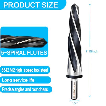 1-1/16" Bridge Construction Reamer Drill Bit, M2 HSS Taper Chucking Reamer for Steel Alloy Metal Wood Plastic, 1/2" Non-Slip Shank, 5-Spiral Flutes Car Reamer, to Align or Enlarge Holes, 27mm - size: 1-1/16"