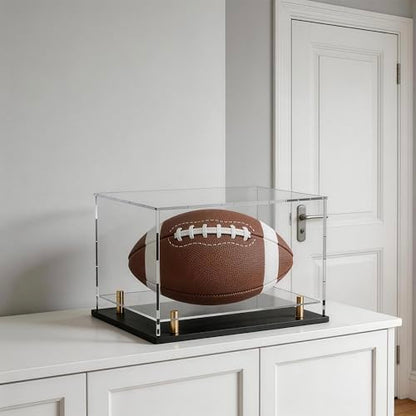 Acrylic Display Case with Raised Shelf & Ball Holder, Clear Display Box with Black Base & Gold Standoffs, Dustproof Showcase for Fullsize Football Soccer Gloves – Easy Assembly (12×8×9.6 Inch) - size: 12"L x 8"W x 9.6"H (with Ball Position)
