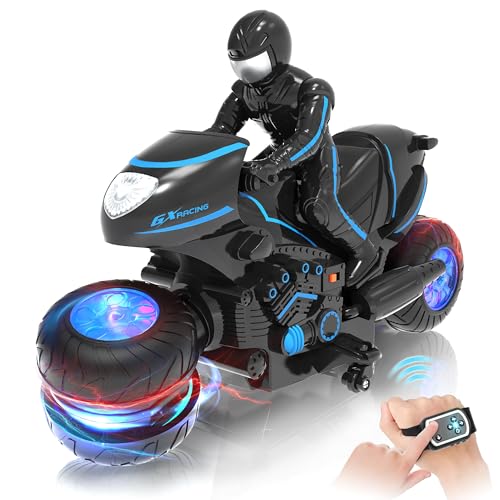 Eulogia Remote Control Motorcycle Toys New Upgraded RGB Wheels Lights, RC Motorbike with 2-in-1 Remote, Gesture Sensing Stunts Dirt Bike, 360° Rotating High Speed Motocross Car for Boys Girls Gift - color: Blue