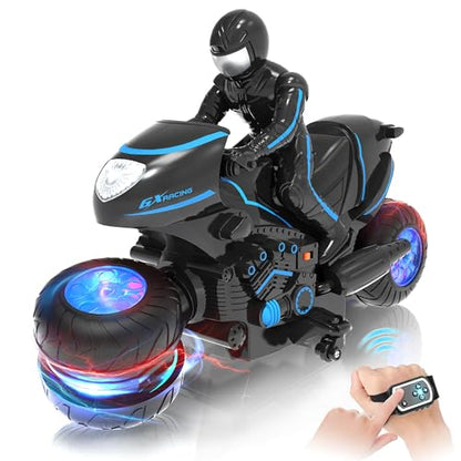 Eulogia Remote Control Motorcycle Toys New Upgraded RGB Wheels Lights, RC Motorbike with 2-in-1 Remote, Gesture Sensing Stunts Dirt Bike, 360° Rotating High Speed Motocross Car for Boys Girls Gift - color: Blue