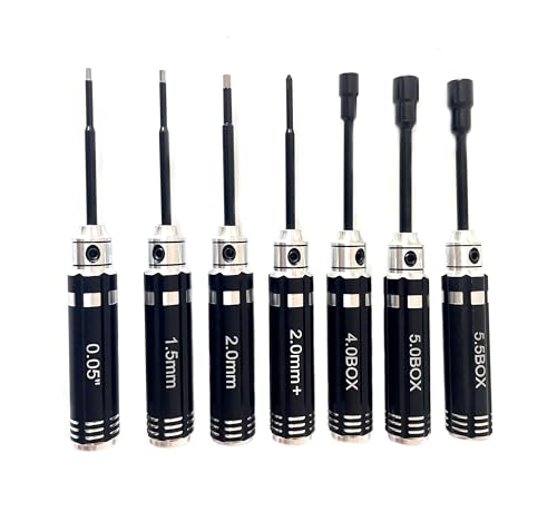 Mini RC Hex Screwdriver Nut Driver Set 7pcs for 1/18 1/24 TRX4M SCX24 FCX24 | 7 tools: 1.27/1.5/2.0mm hex, 4.0/5.0/5.5mm nut drivers, Phillips 2.0mm. Aluminum handles, steel bits. For TRX4M SCX24 FCX24.