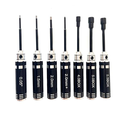 Mini RC Hex Screwdriver Nut Driver Set 7pcs for 1/18 1/24 TRX4M SCX24 FCX24 | 7 tools: 1.27/1.5/2.0mm hex, 4.0/5.0/5.5mm nut drivers, Phillips 2.0mm. Aluminum handles, steel bits. For TRX4M SCX24 FCX24.