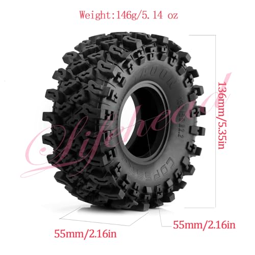 Lifehead 2.2 Inch Rubber Crawler Tires for 1/8 1/10 RC Crawler Car Retrofit Accessories KM5 YK4082 YK4083 Axial SCX10 RBX10 RR10 Traxxas TRX4，136x55mm OD