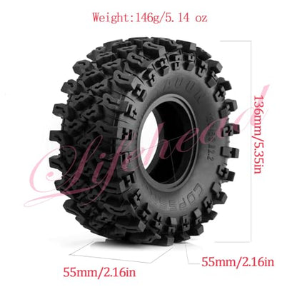 Lifehead 2.2 Inch Rubber Crawler Tires for 1/8 1/10 RC Crawler Car Retrofit Accessories KM5 YK4082 YK4083 Axial SCX10 RBX10 RR10 Traxxas TRX4，136x55mm OD