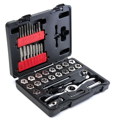 toolant 41-Piece SAE Ratcheting Tap and Die Set | Seventeen SAE taps, seventeen SAE dies, #4 to 1/2-inch range, 1/8 NPT tap, thread cutting and repair - size: 41pcs set