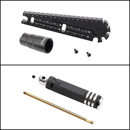 4 in 1 Multi Use 16-32mm RC Ride Height Gauge & 17mm Nut Driver & Turnbuckle Wrench & Screws Length Measurement Tool & Hex Screwdriver Set for 1/8 1/10 RC Cars, Pack of 5