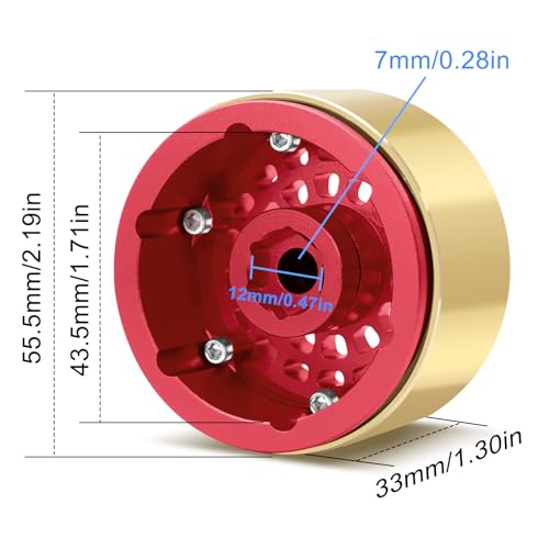 OGRC Brass Aluminum 1.9 Beadlock Wheels 167g 1/10 RC Crawler Wheels | 668g Total Weights, 12mm Hex, for Gen7 Gen8 D90 VS4-10 1/10 RC Carwler, Red - color: Red