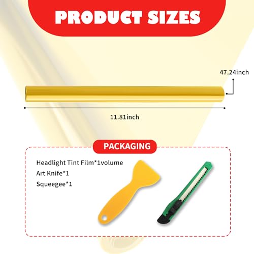 12×47 Inch Car Headlight Tint Film,Self-Adhesive Tail Light Tint Film Kit with Squeegee & Cutter,Universal Taillight Tints Films Automotive Exterior Accessories for Car Fog (Yellow) - color: Yellow