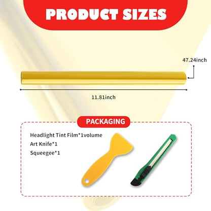 12×47 Inch Car Headlight Tint Film,Self-Adhesive Tail Light Tint Film Kit with Squeegee & Cutter,Universal Taillight Tints Films Automotive Exterior Accessories for Car Fog (Yellow) - color: Yellow
