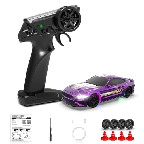 1/43 RC Drift Car, Mini Drifting RC Car with Gyro 2.4GHz Full Proportional Drift Cars 4WD RTR Remote Control Cars with Colorful Lights Gyroscope Fast Racing Vehicle Gift for Kids Boys Adults - color: Purple