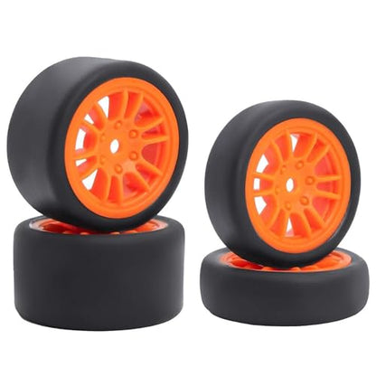 4PCS Pre-Glued On-Road Drift Racing Smooth Rubber Tires and Wheel Rims Set 7MM Hexagon for 1/24 Losi Micro-B RC Car Upgrades Parts (12Spoke-Orange) - color: 12spoke-orange