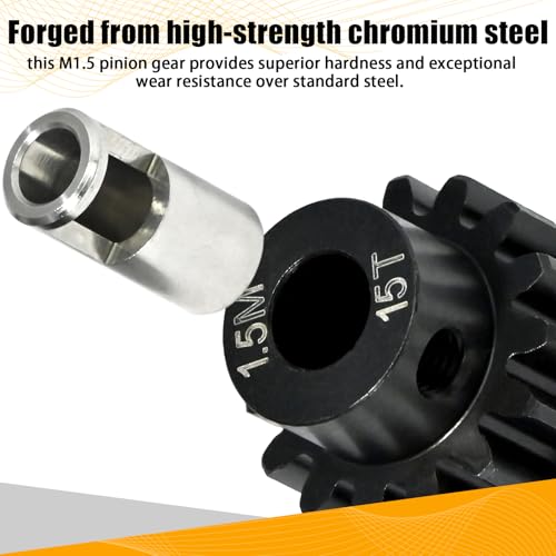M1.5 15T Pinion Gear 8mm Bore with 8mm to 5mm Shaft Adapter Sleeve, Chromium Steel Motor Gear with Set Screw & Hex Key for Traxxas ARRMA Losi 1/5 1/8 RC Cars - size: 15T