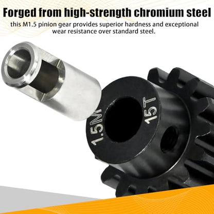 M1.5 15T Pinion Gear 8mm Bore with 8mm to 5mm Shaft Adapter Sleeve, Chromium Steel Motor Gear with Set Screw & Hex Key for Traxxas ARRMA Losi 1/5 1/8 RC Cars - size: 15T