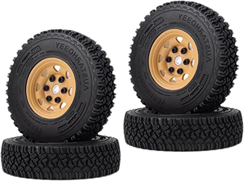 4PCS/Set 1.55 Inch Beadlock Metal Wheel Rim Rubber Tires Compatible with 1/10 RC Crawler Car Axial AX90069 D90 TF2 Tamiya CC01 LC70 (Yellow) - color: Yellow