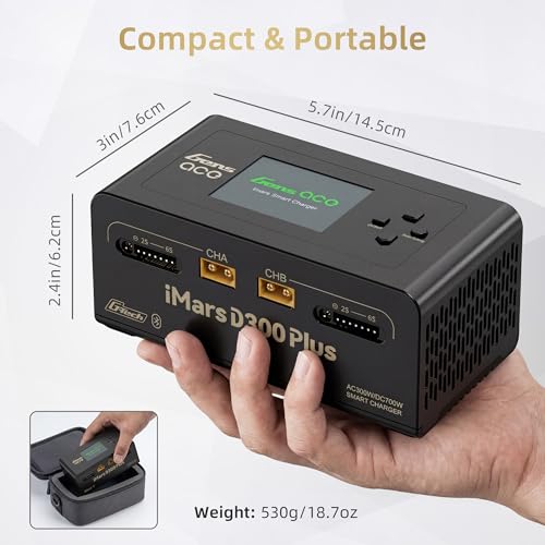 Gens ace iMars D300 Plus Dual Channel 1-6S Smart LiPo Battery Charger | 300W AC/700W (350W*2) 16A DC Balance Charger, Bluetooth App Setting for 1-6S Lipo/Li-ion/LiHV/Life/NiMH BatteryCharging Black