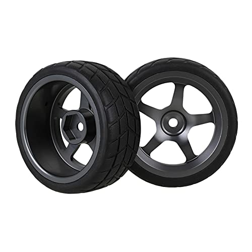 Mxfans 4Pcs 1:10 RC On-Road Wheels Grey 5-Spoke Alloy Rims | Black square pattern rubber tyres. For 1:10 RC on-road racing. Durable, great grip and handling.