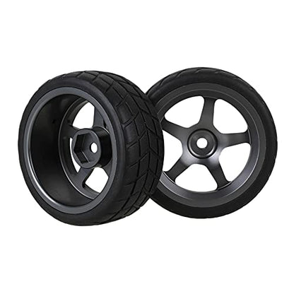 Mxfans 4Pcs 1:10 RC On-Road Wheels Grey 5-Spoke Alloy Rims | Black square pattern rubber tyres. For 1:10 RC on-road racing. Durable, great grip and handling.