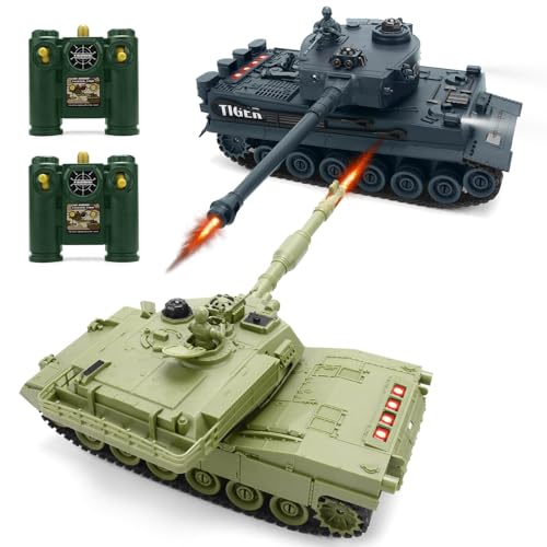 RC Battle Tank Set – Tiger vs M1A2 2.4G 9CH Infrared Shoot Toy for Kids | 2.4G, 1:28, 9 channels, with infrared shoot & life indicator, sound & light, 330° rotating turret, military toy set, for boy.