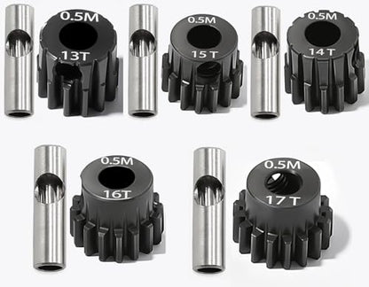 0.5M Pinion Gear 13T 14T 15T 16T 17T Hardened Steel 3.175mm Bore with 2.3mm Adapter, Gear for ARRMA 1/14 Typhon 1/16 Mojave 1/18 Granite, Losi 1/12, 0.5Mod Gear 13T-27T for HOBBYWING Motors - size: 13 14 15 16 17T, style: 5 Gears +5 Shafts Set