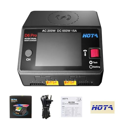 Lipo Battery Charger RC Battery Charger HOTA D6 Pro Smart Charger Dual Channel 15A AC200W with Balance Phone Wireless Charging BoatDC650W for Lipo LiHv Nicd NiMH - color: black