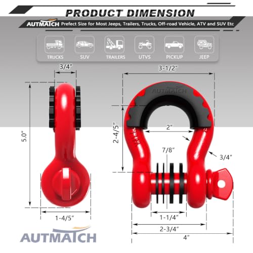 AUTMATCH D Ring Shackle 3/4" Shackles (2 Pack) 41,887Ibs Break Strength - Clevis Shackles with 7/8" Screw Pin and Shackle Isolator Washers Kit for Tow Strap Winch Off Road Vehicle Recovery, Red - color: Red