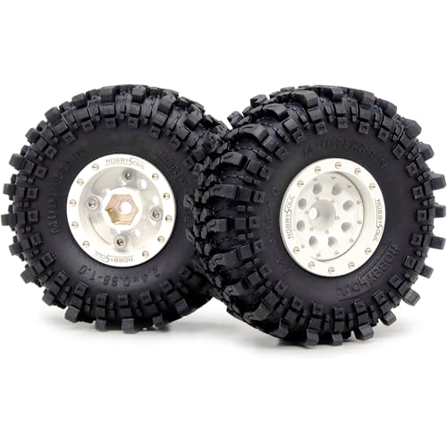 Brass 1.0 Beadlock Wheels and Tires 61mm Tall, Adjustable Offset 1'' Rims Tyre for RC Mud Crawler 1/18 TRX4M 1/24 SCX24 Upgrades, HS701455 - color: White
