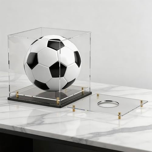 Acrylic Display Case with Raised Shelf & Ball Holder, Clear Display Box with Black Base & Gold Standoffs, Dustproof Showcase for Fullsize Football Soccer Volleyball – Easy Assembly (10×10×10 Inch) - size: 10"L x 10"W x 10"H (with Ball Position)