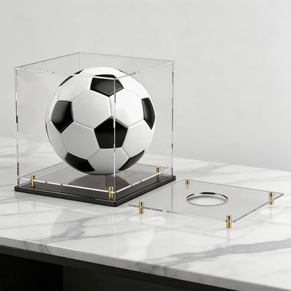 Acrylic Display Case with Raised Shelf & Ball Holder, Clear Display Box with Black Base & Gold Standoffs, Dustproof Showcase for Fullsize Football Soccer Volleyball – Easy Assembly (10×10×10 Inch) - size: 10"L x 10"W x 10"H (with Ball Position)