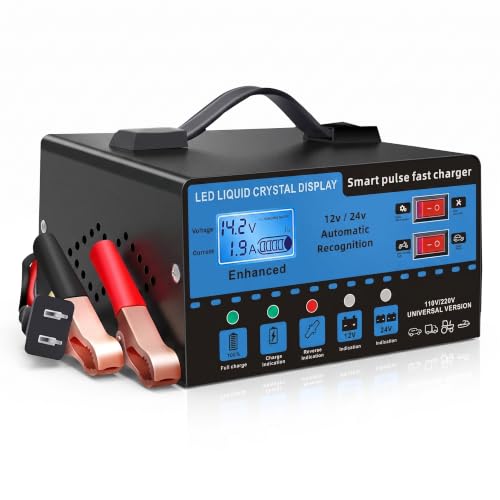 12V/24V Smart Car Battery Charger with LCD Display, Automatic Battery Maintainer & Trickle Charger, Temperature Compensation, Overcharge Protection for Cars, Trucks, SUVs & Motorcycles