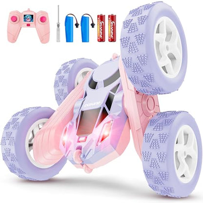 cosone Pink Purple RC Stunt Car for Kids | 360° Rotating Spins, Double-Sided Driving, LED Lights, 2.4GHz Racing Toy, Ages 4-8 8-12 - color: Purple&pink