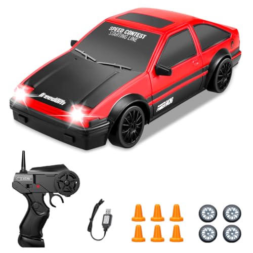 RC Drift Car, 1:24 Remote Control Cars 2.4GHz 4WD High Speed Drift RC Cars with LED Light Dritfing Tires Racing Hobby Toy Car for Boys Girls Kids Adults (Red) - color: A.red