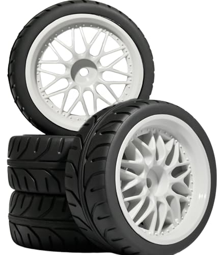 OD 2.55" On Road Rubber Tires Plastic Wheel Rims 12mm Hex Hub Compatible with MJX HSP Tamiya HPI Kyosho Traxxas Sakura Redcat WLtoys 1/10 RC On-Road Racing Touring Car (White) - style: B-White
