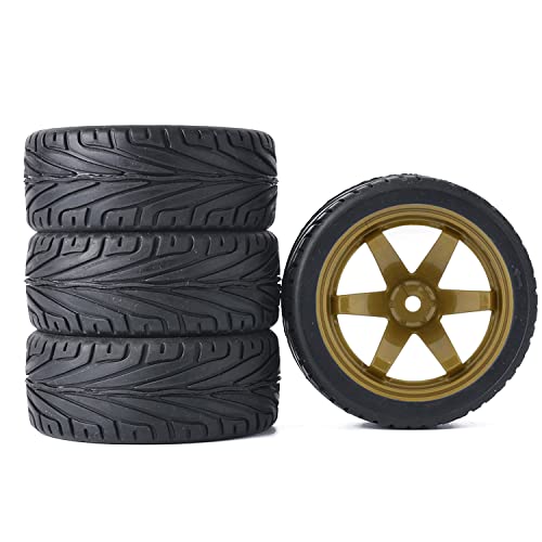 4PCS RC Car Rubber Tires and Plastic Wheels Rims Compatible with 1/10 Scale On Road Touring Racing Flat Drift Car for HSP HPI Tamiya(Gold) - color: Gold
