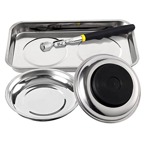 3 Pieces Magnetic Trays with 8LBs Telescoping Magnetic Pick-up Tool Set, 9.5" Rectangle, 2 Pieces 4" Stainless Steel Magnet Parts Tray for Screws, Sockets, Bolts, Mechanic's - size: 9.5", 2 x 4"+8LB Pickup