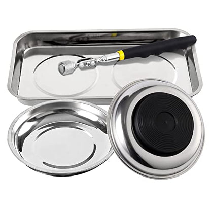 3 Pieces Magnetic Trays with 8LBs Telescoping Magnetic Pick-up Tool Set, 9.5" Rectangle, 2 Pieces 4" Stainless Steel Magnet Parts Tray for Screws, Sockets, Bolts, Mechanic's - size: 9.5", 2 x 4"+8LB Pickup