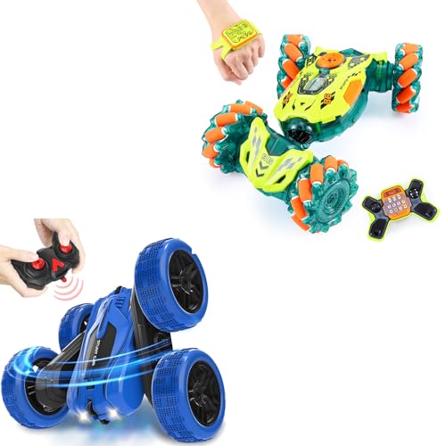 A ALPHA 2-Pack RC Car Bundle: Gesture Remote Control Stunt Car & Double-Sided 4WD Wall Climbing Truck, Both with 360°Flips, 2.4GHz, Lights & Music Remote Control Toys, Gifts for Boys 5-12 Years Old